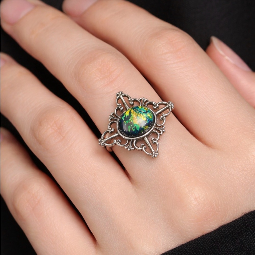Vintage-Style Harry Potter Cosplay Ring with Blue-Green Opal Cabochon